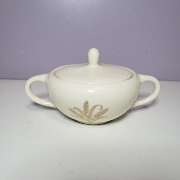 Sugar Bowl w Lid Wheat Pattern Gold Gild Handles Creme / Off White ( 2.25 ×7" ) - Picture 3 of 15